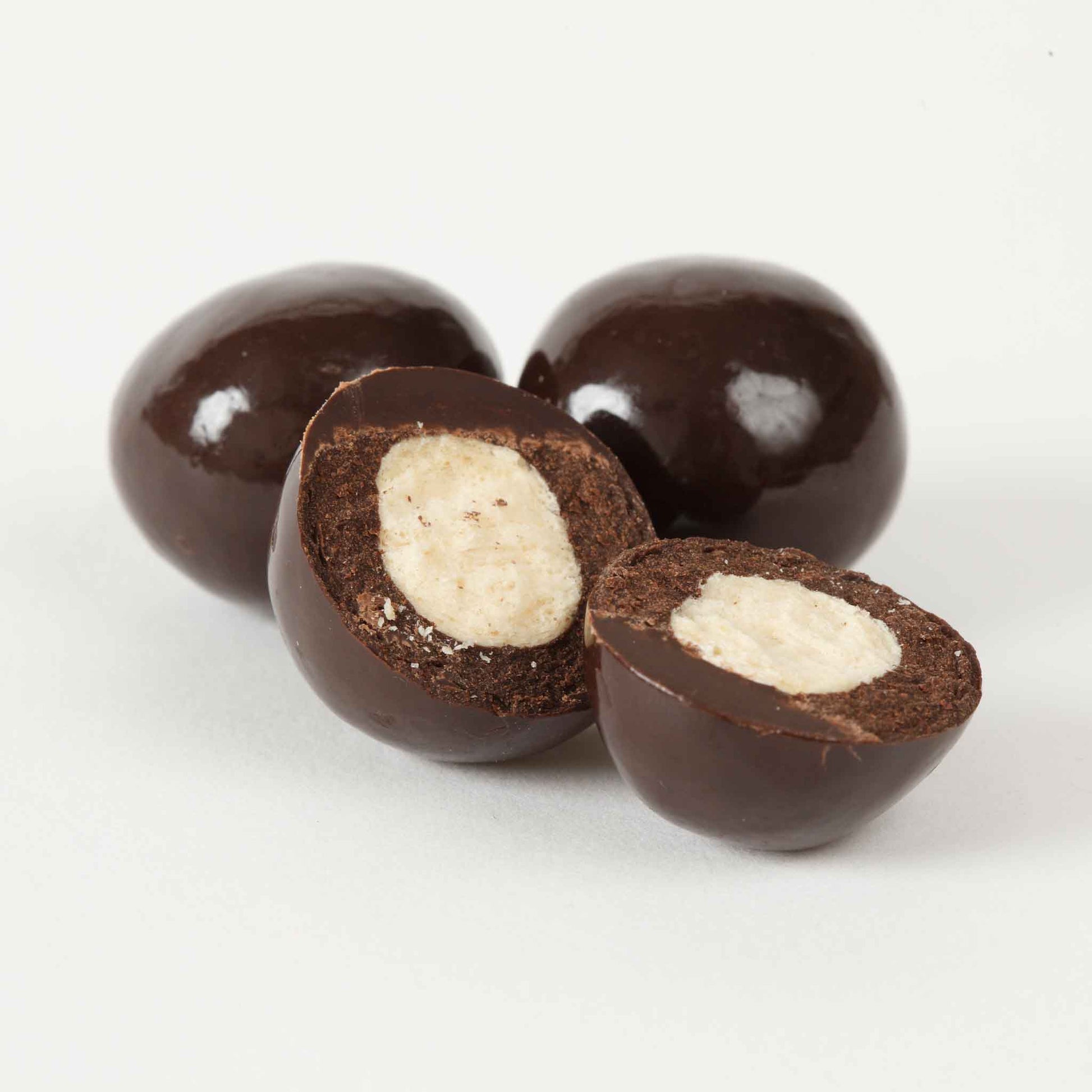 Dark Chocolate Double Dipped Malted Milk Balls Single Piece Closeup
